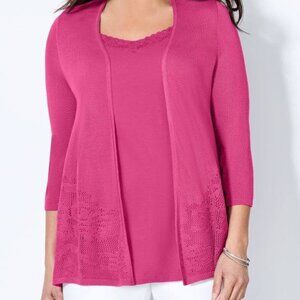 Catherines Deep Pink Lace Embroidered Lightweight Cardigan-3/4 Sleeve- 5X- NWT